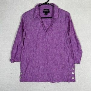 Tahari 100% Linen Top Womens Medium V-Neck 3/4 Sleeve Lagenlook